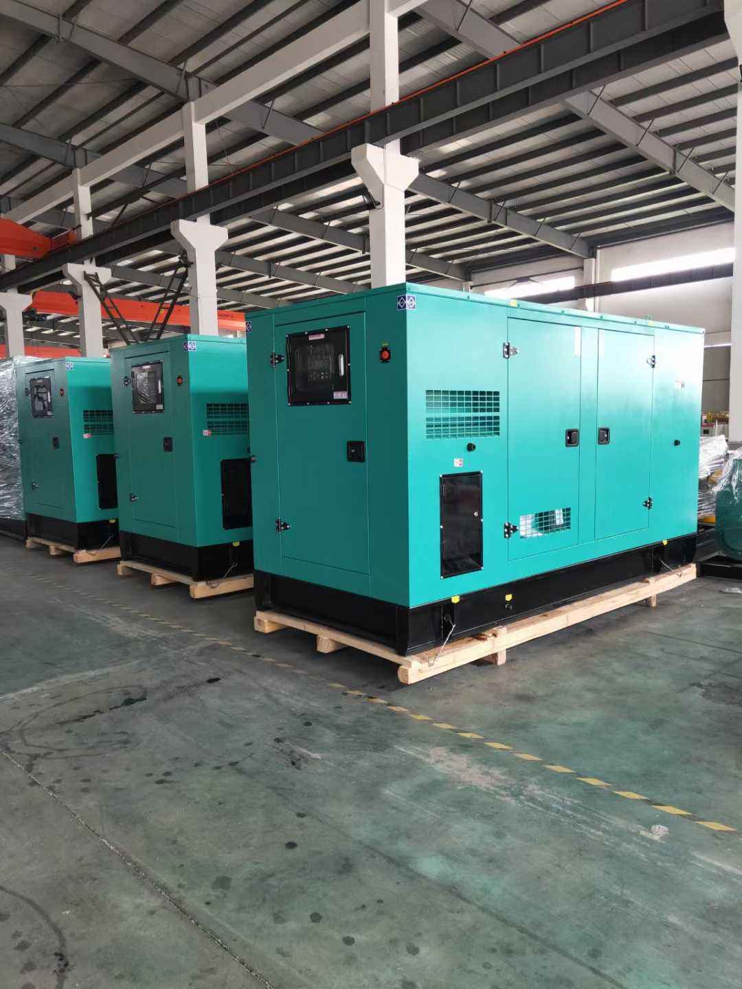 Open-frame diesel generator set on a concrete pad with radiator, engine block and control panel visible