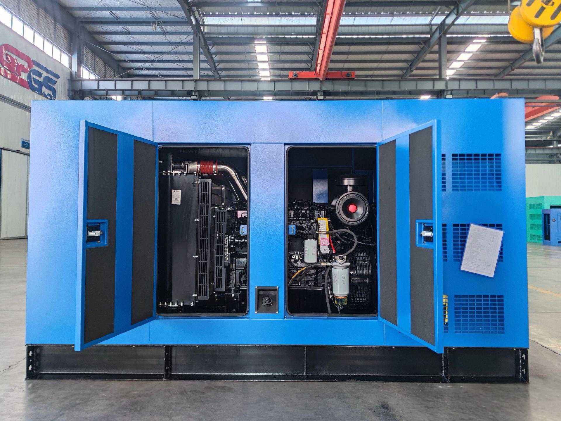 Canopy doors open on a blue sound-attenuated diesel generator set, exposing the radiator core and engine bay