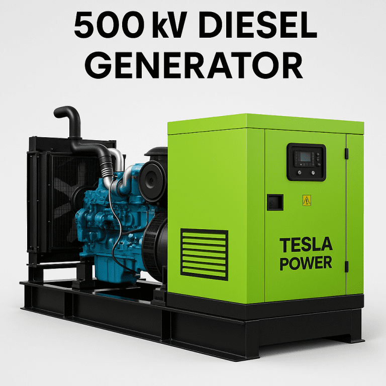 Containerised diesel generator sets with yellow enclosures arranged in a row for display.