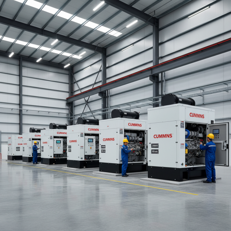 Industrial diesel generator set installed inside a white containerised plant room enclosure.