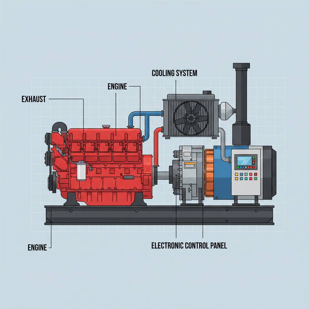 Schematic of a 500KW Cummins diesel generator set with labeled components