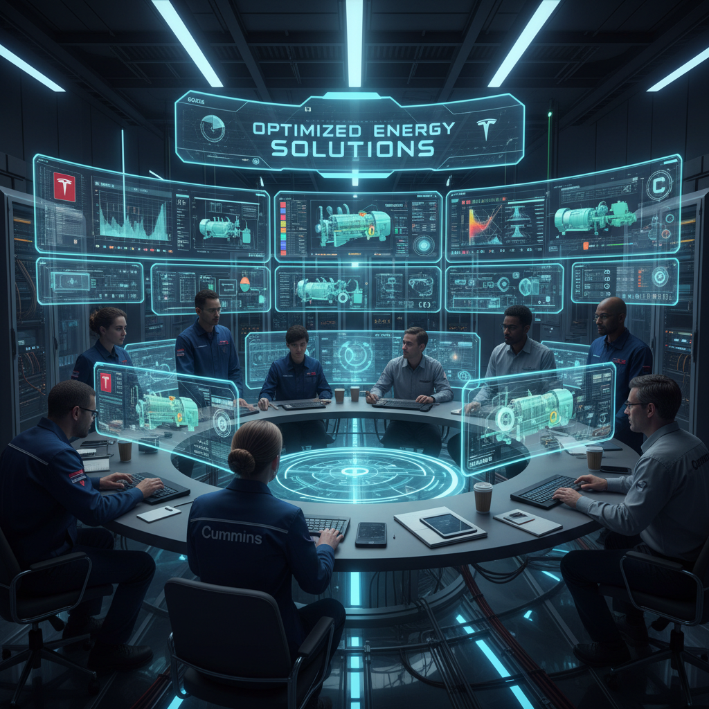 Tesla and Cummins engineers collaborating in a high-tech control room